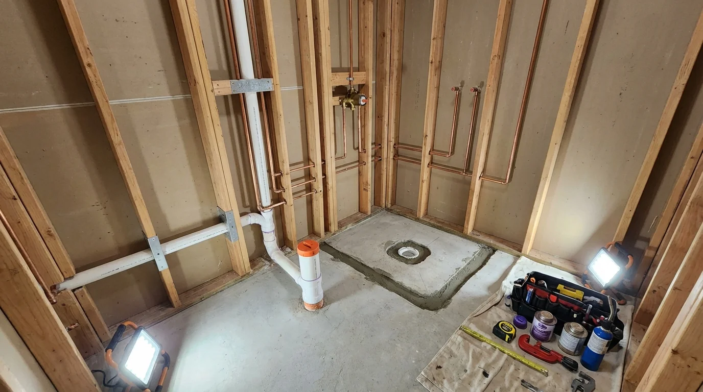 Bathroom rough-in plumbing during remodel by Johns Plumbing LLC in Humble