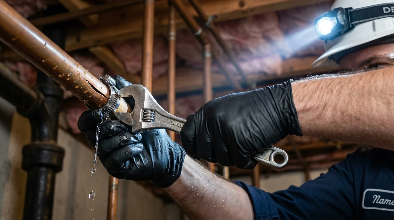 Emergency pipe clamp repair being performed by a Johns Plumbing LLC plumber in Humble